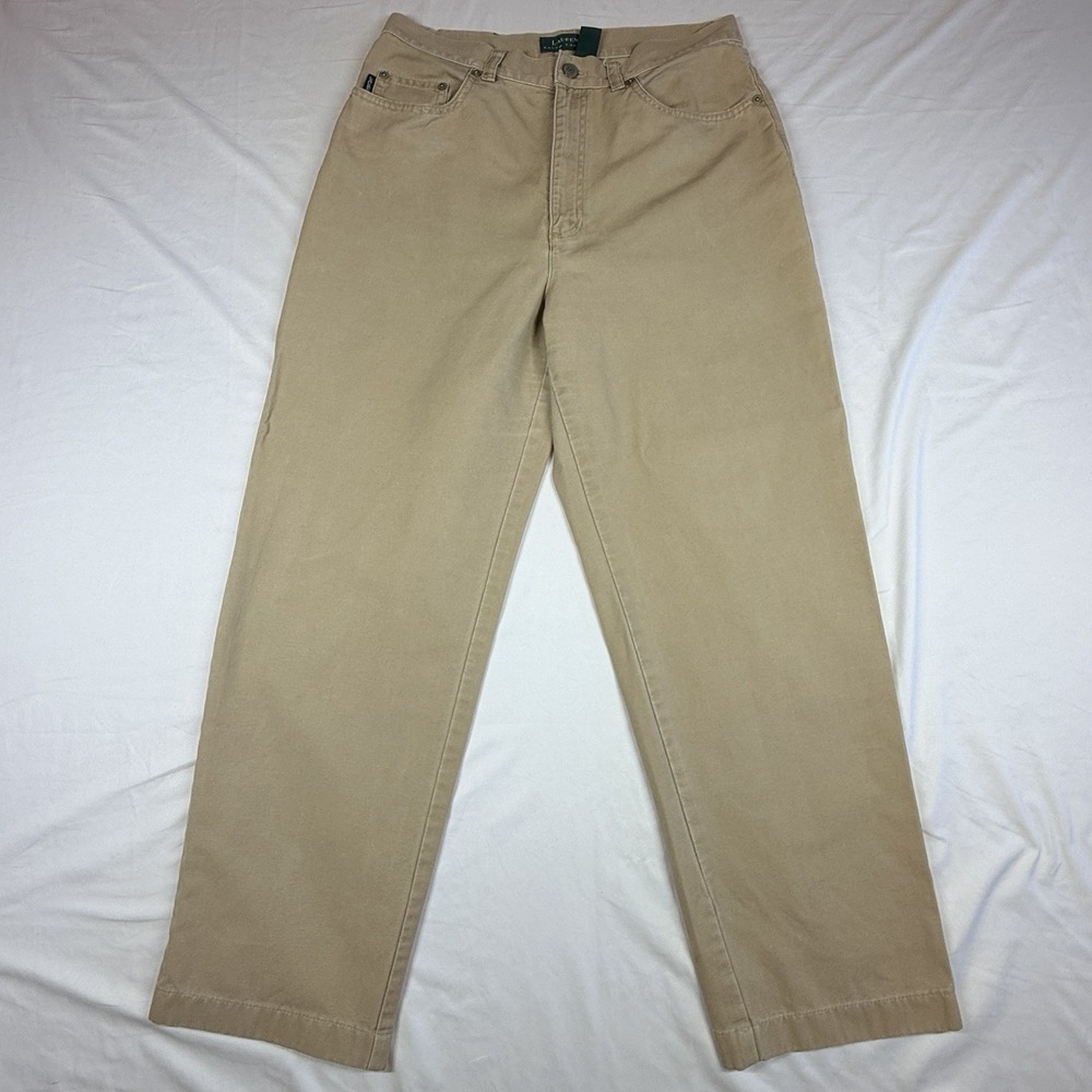 Lauren Ralph Lauren Khaki Tan Cotton Straight Leg Pants High Rise Size 10